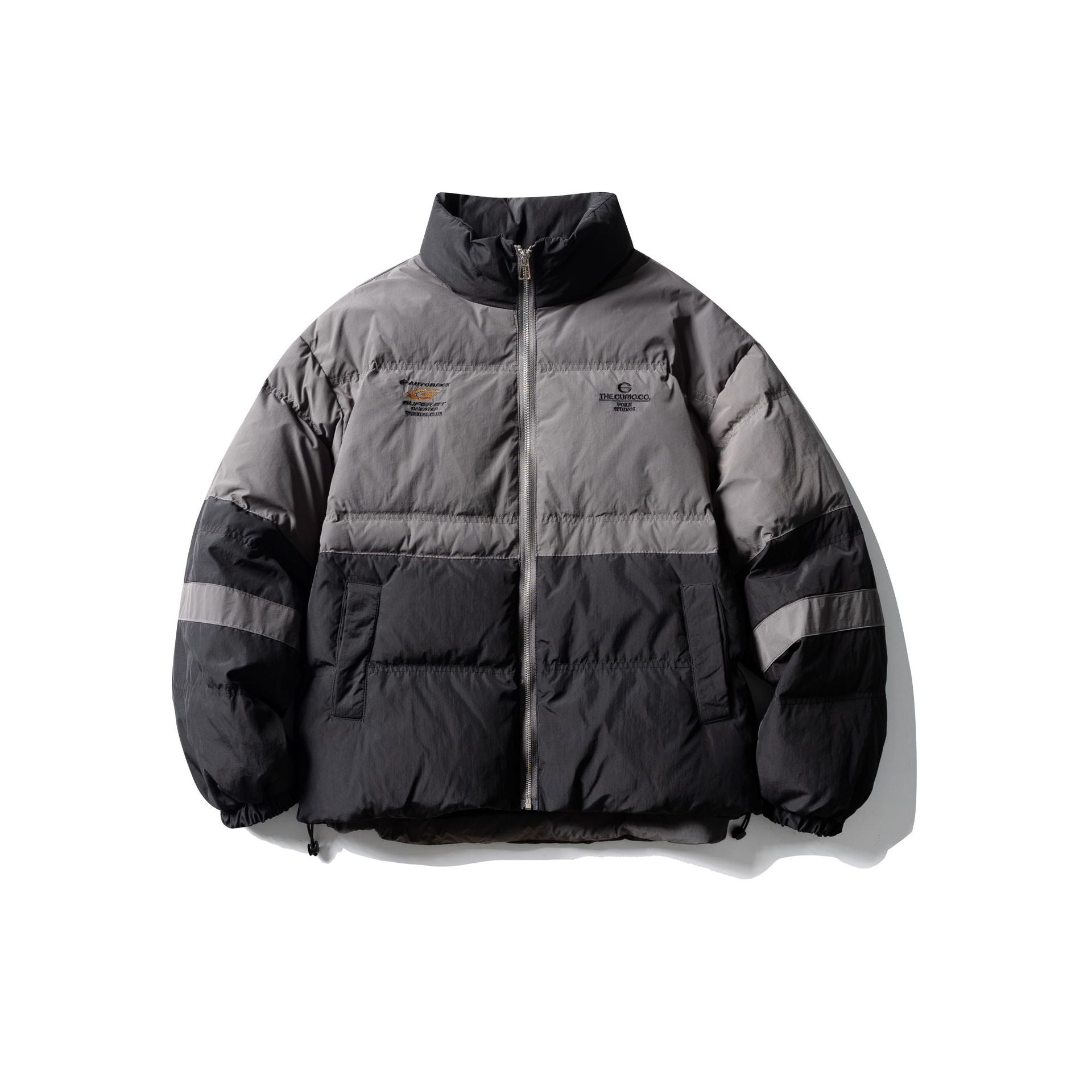 Men's color block quilted short jacket with high stand-up collar and drawstring hem
