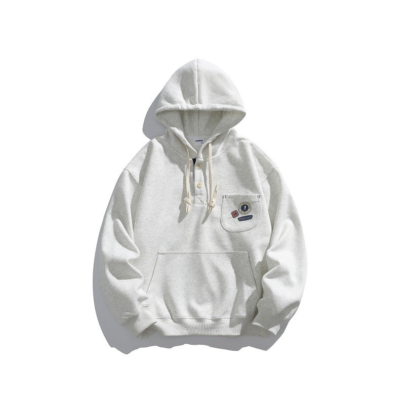 Unisex Hooded Hoodie in Henley Style with Chest Pocket & Kangaroo Pocket Chichicherry