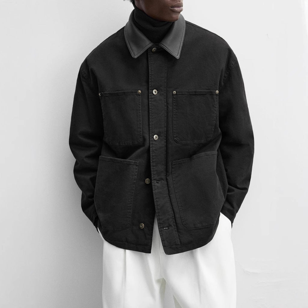 Men's Boxy Chore Jacket made of canvas with contrasting leather collar and four patch pockets Chichicherry