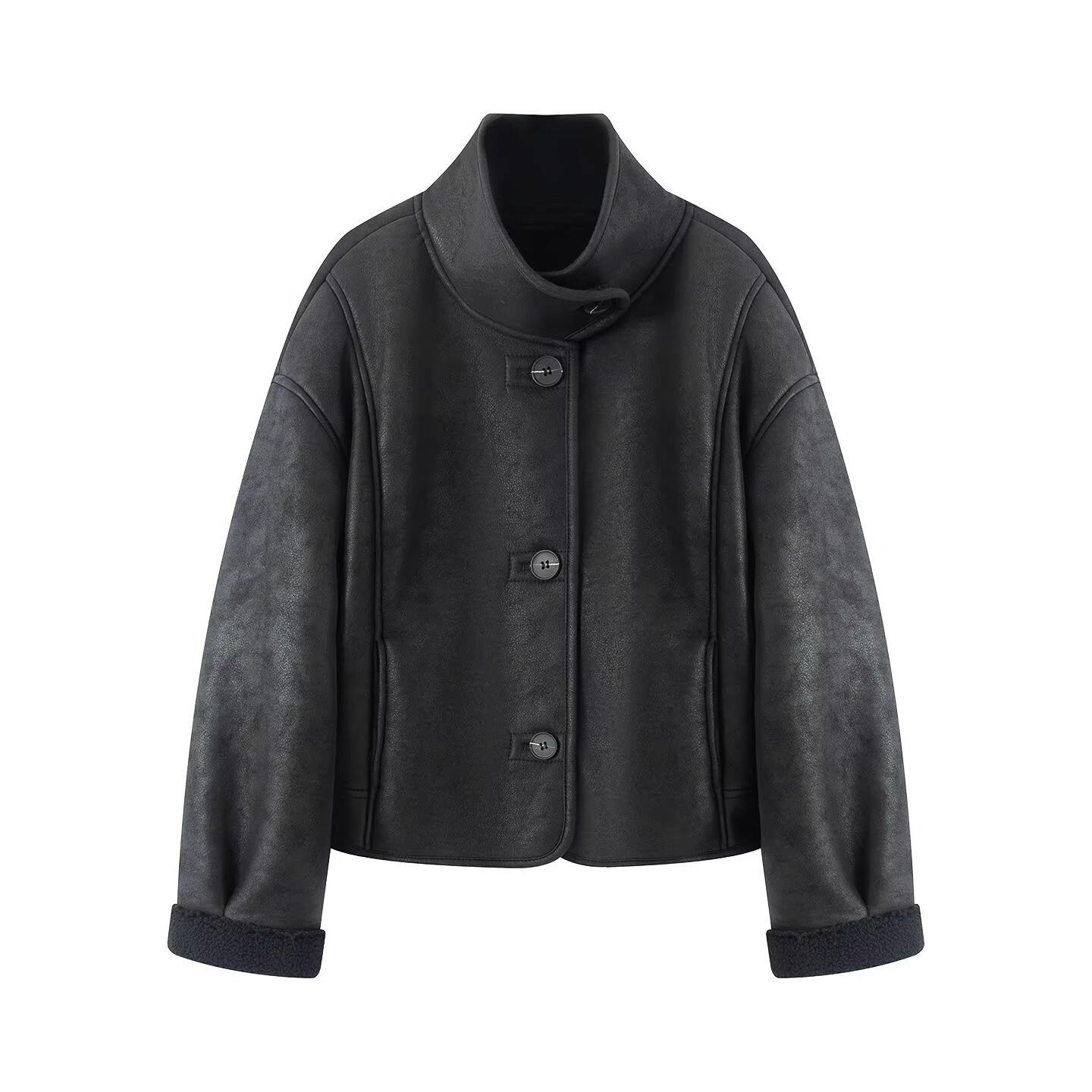 Women's short-cut artificial lambskin jacket with stand-up collar, button closure, and foldable faux-fur cuffs Chichicherry