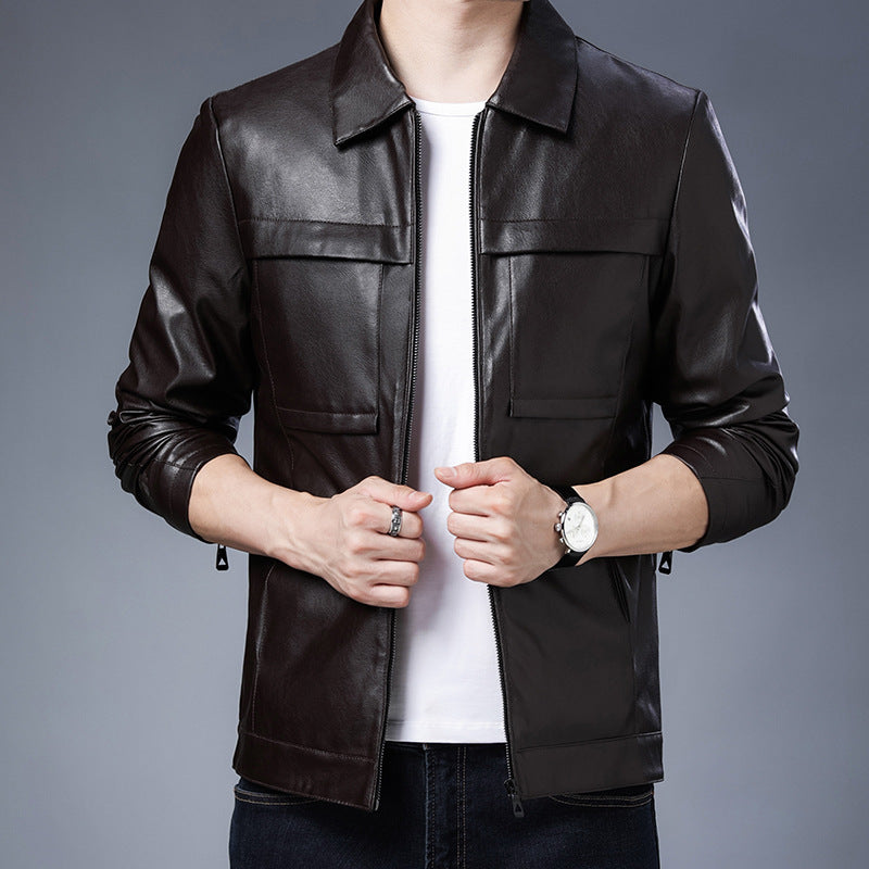 Men's minimalist artificial leather zip jacket with shirt collar and flap pockets Chichicherry