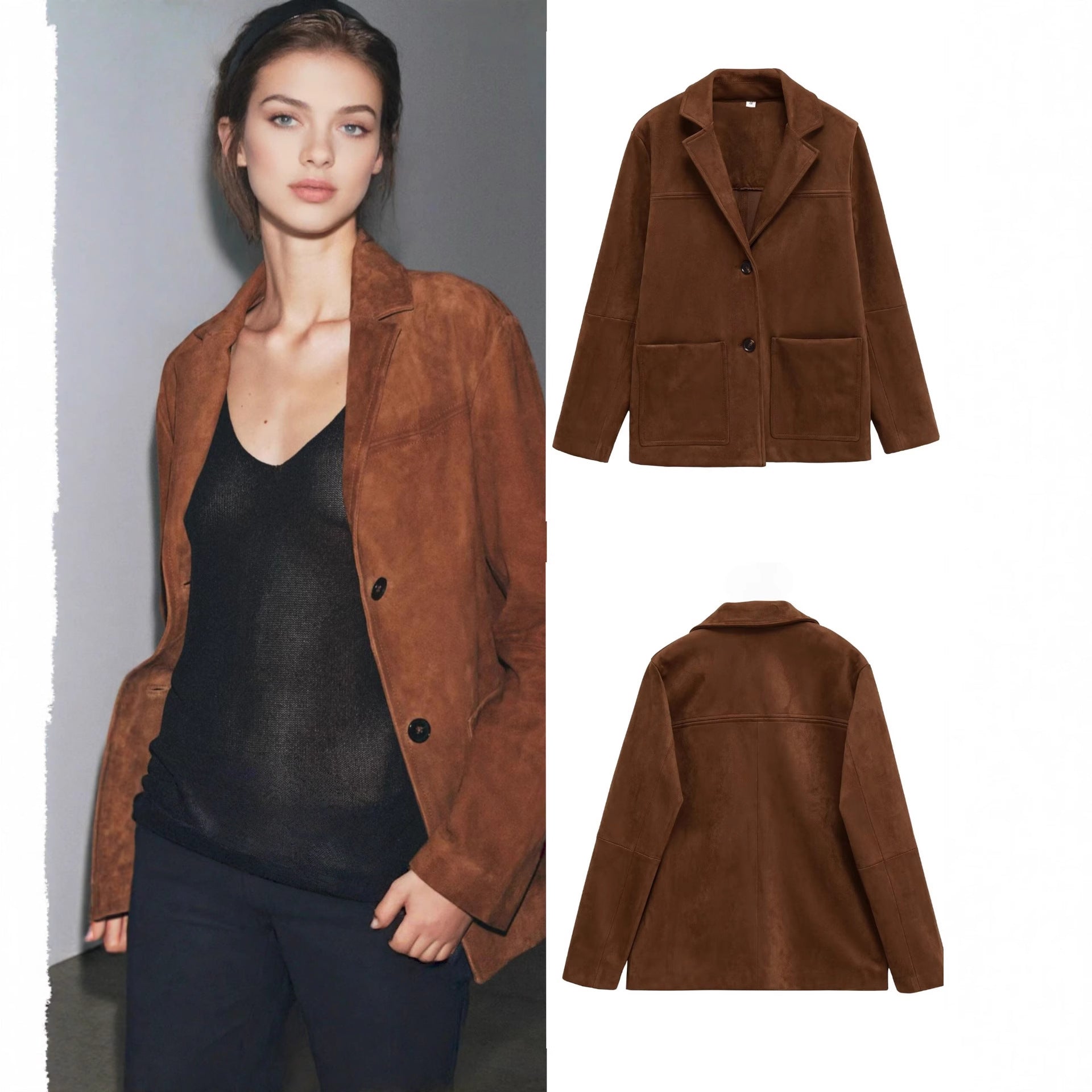 Women Short Suede-Look Coat with Notched Collar and Applied Pockets Chichicherry