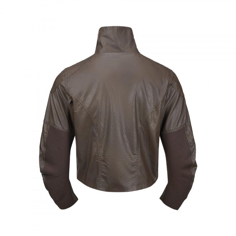 Men's short jacket in leather look with high stand-up collar, two diagonal chest zippers and vintage metal details Chichicherry