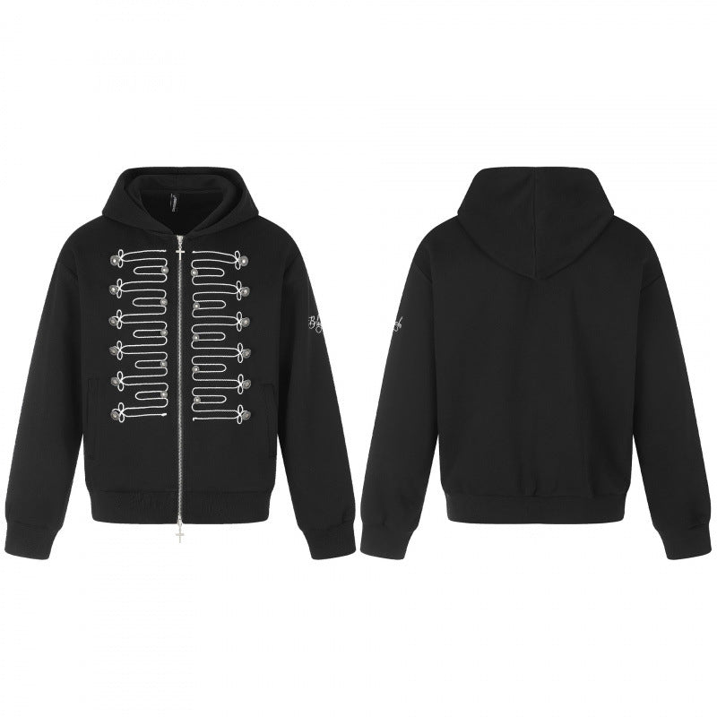 Unisex Zip-Up Hoodie in Military Look with Cord Embroidery and Cross Zipper Chichicherry