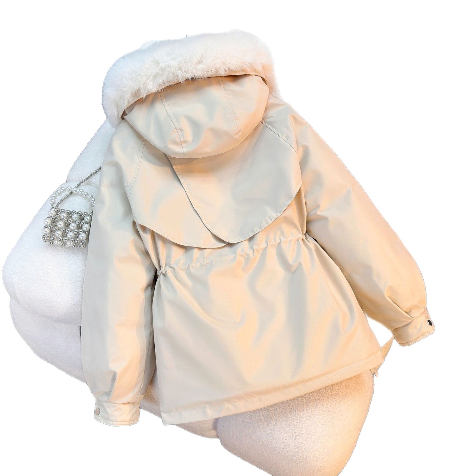 Women's padded parka with removable faux fur collar, drawstring waist and zippered pockets Chichicherry