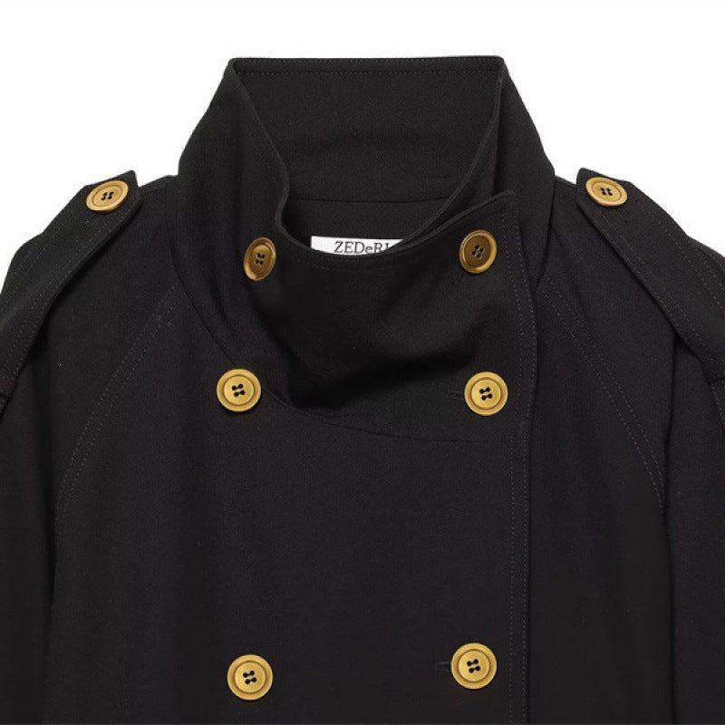 Women's Short Double-Breasted Trench Coat with Waistbelt, Epaulettes and Gold-Colored Details Chichicherry