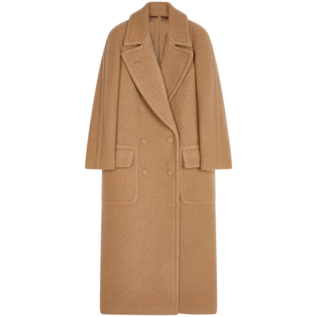 Women's Maxi Double-Breasted Wool Coat with Oversized Lapels and Flap Pockets Chichicherry