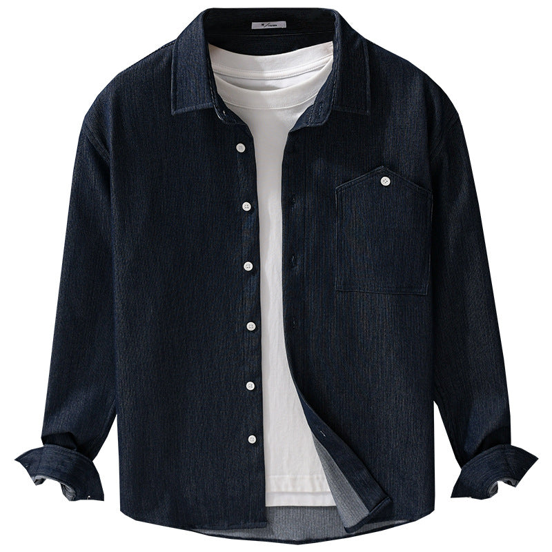 Men's denim overshirt in shirt jacket style with chest pocket and full button placket Chichicherry