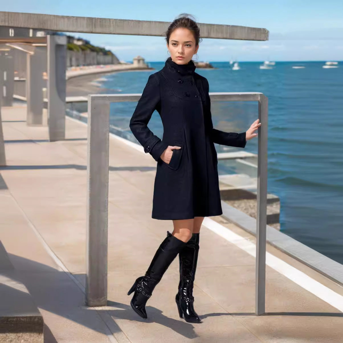 Women Tailored Wool Blend Coat with High Stand-Up Collar and A-Line Silhouette Chichicherry