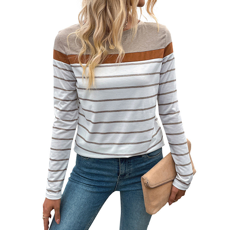 Women's Striped Long Sleeve Shirt with Boat Neck and Color Block Shoulder Chichicherry