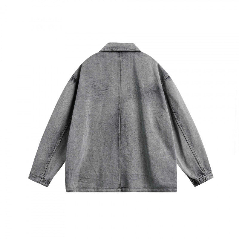 Unisex Oversize Denim Blazer with Vintage Wash, Patch Pockets, and Casual Silhouette Chichicherry