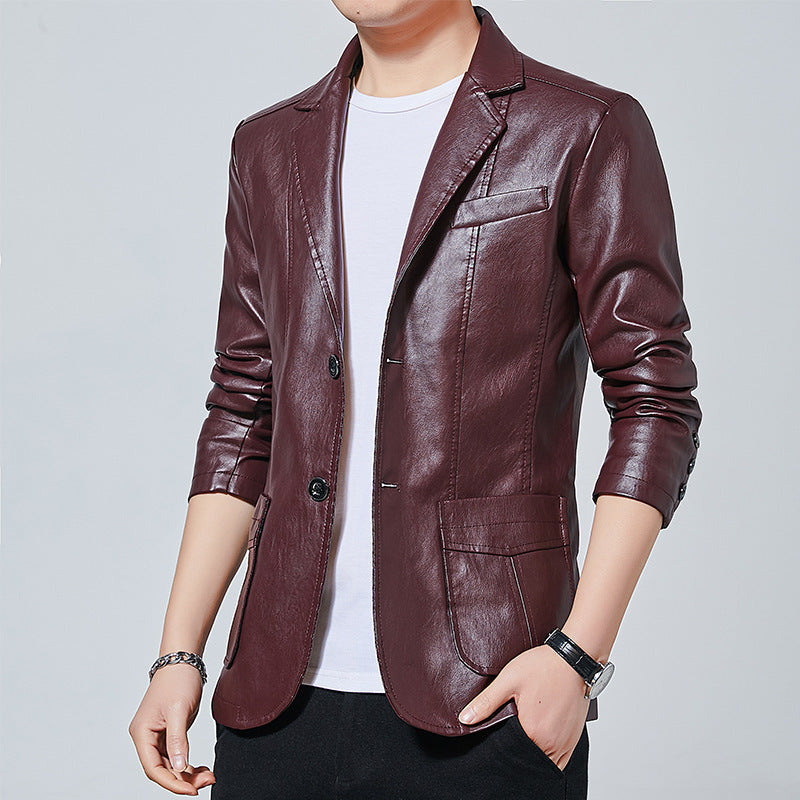 Men's Faux Leather Blazer in Slim Fit with Shirt Collar, Flap Pockets, and Elegant Pilot Silhouette Chichicherry