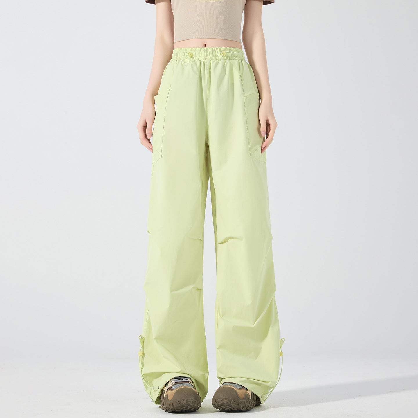 Women's Wide Technical Cargo Pants with Drawstring Waistband, Adjustable Hem, and Multifunctional Pockets Chichicherry