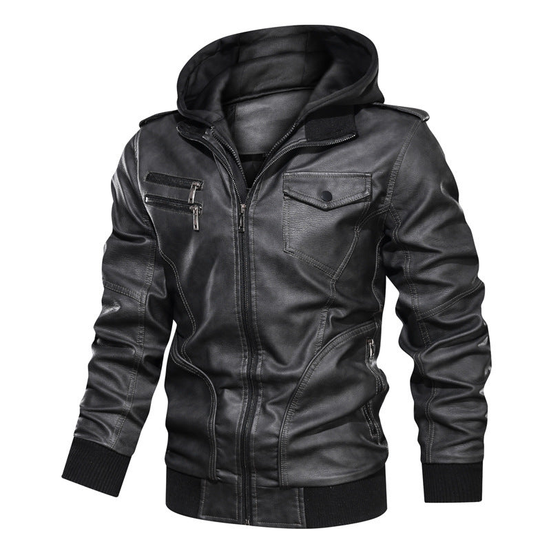 Men's Hooded Faux Leather Biker Jacket with Zipper, Chest Pockets and Ribbed Cuffs Chichicherry