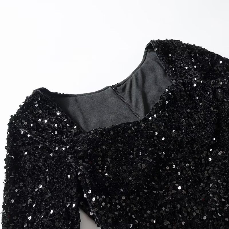 Women's Sequin-Embellished Velvet Mini Dress with Flattering Corset and Flared Skirt Chichicherry