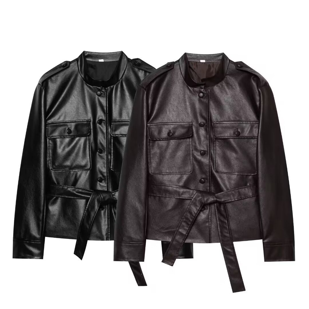 Women Cropped Safari Jacket made of vegan leather with tying belt and epaulettes Chichicherry