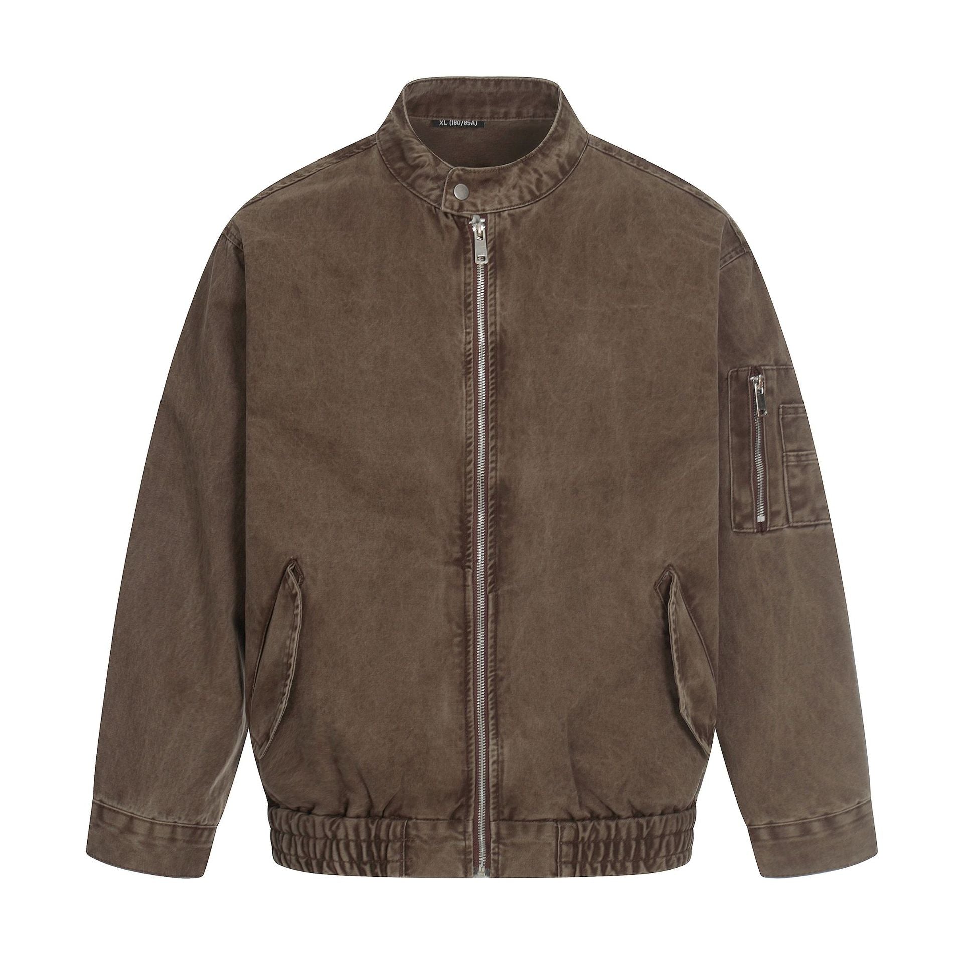 Men's short cut vintage-wash bomber jacket in boxy cut with stand-up collar and sleeve zip.