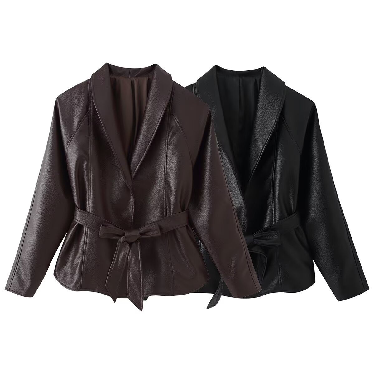 Women's Tailored Tie-Belt Leather Blazer with Shawl Collar Chichicherry