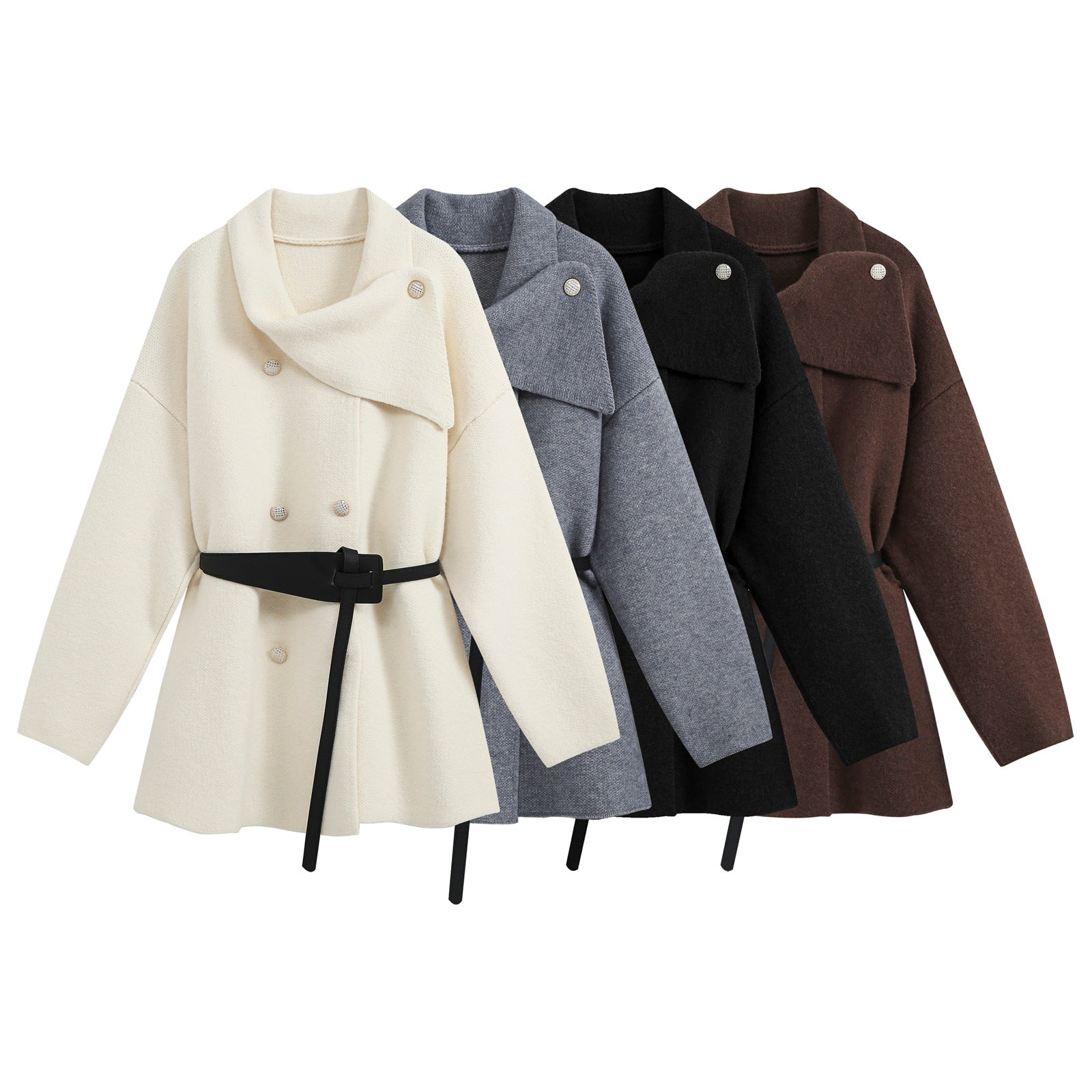 Women's Short Blouson Coat in Cocoon Cut with Asymmetrical Shawl Collar and Waist Belt Chichicherry