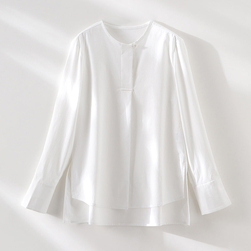 Ladies Casual Long Sleeve Blouse with Hidden Button Placket and Layered Hem Chichicherry