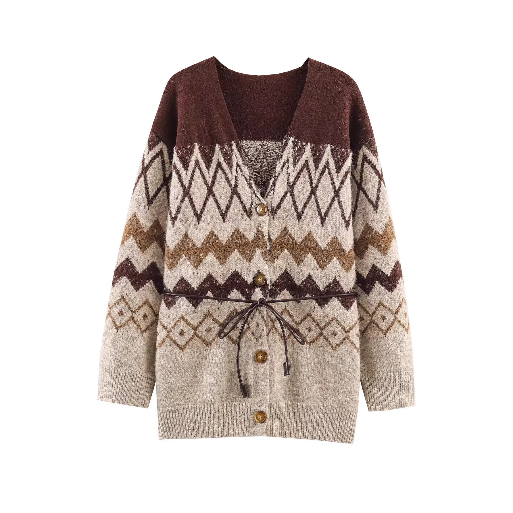 Women's Patterned Knit Cardigan with V-Neck, Button Placket and Waistband Chichicherry