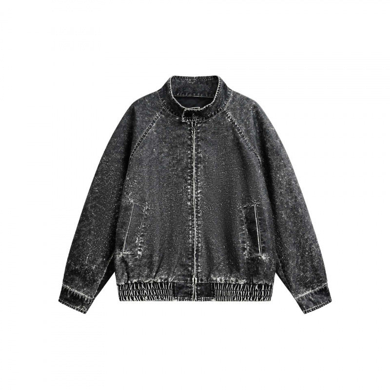 Men's short-cut worker bomber jacket in used denim look with standing collar, concealed zipper, and elastic hem Chichicherry