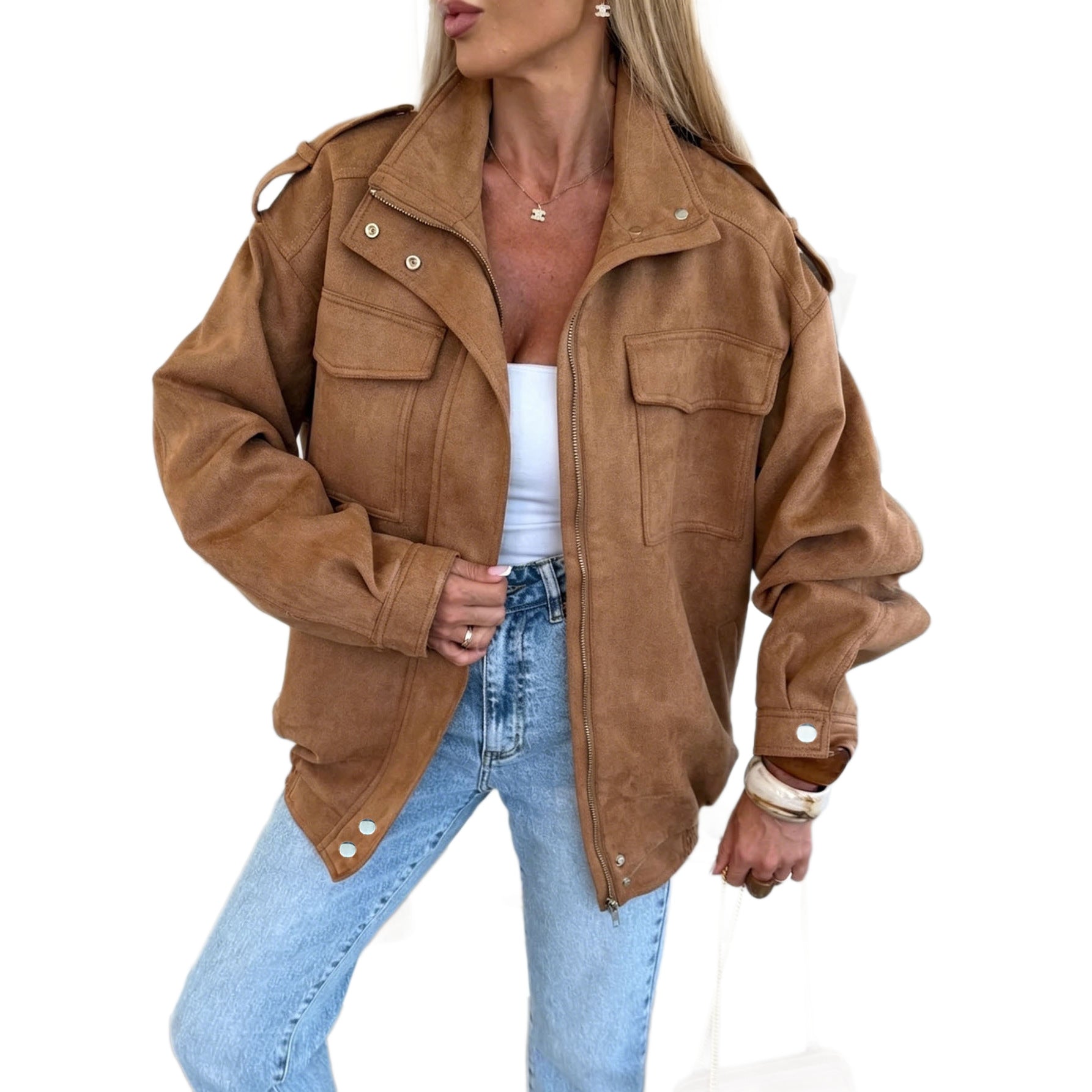 Damen Oversized Jacke in Wildleder-Optik mit Brusttaschen und Epauletten Chichicherry