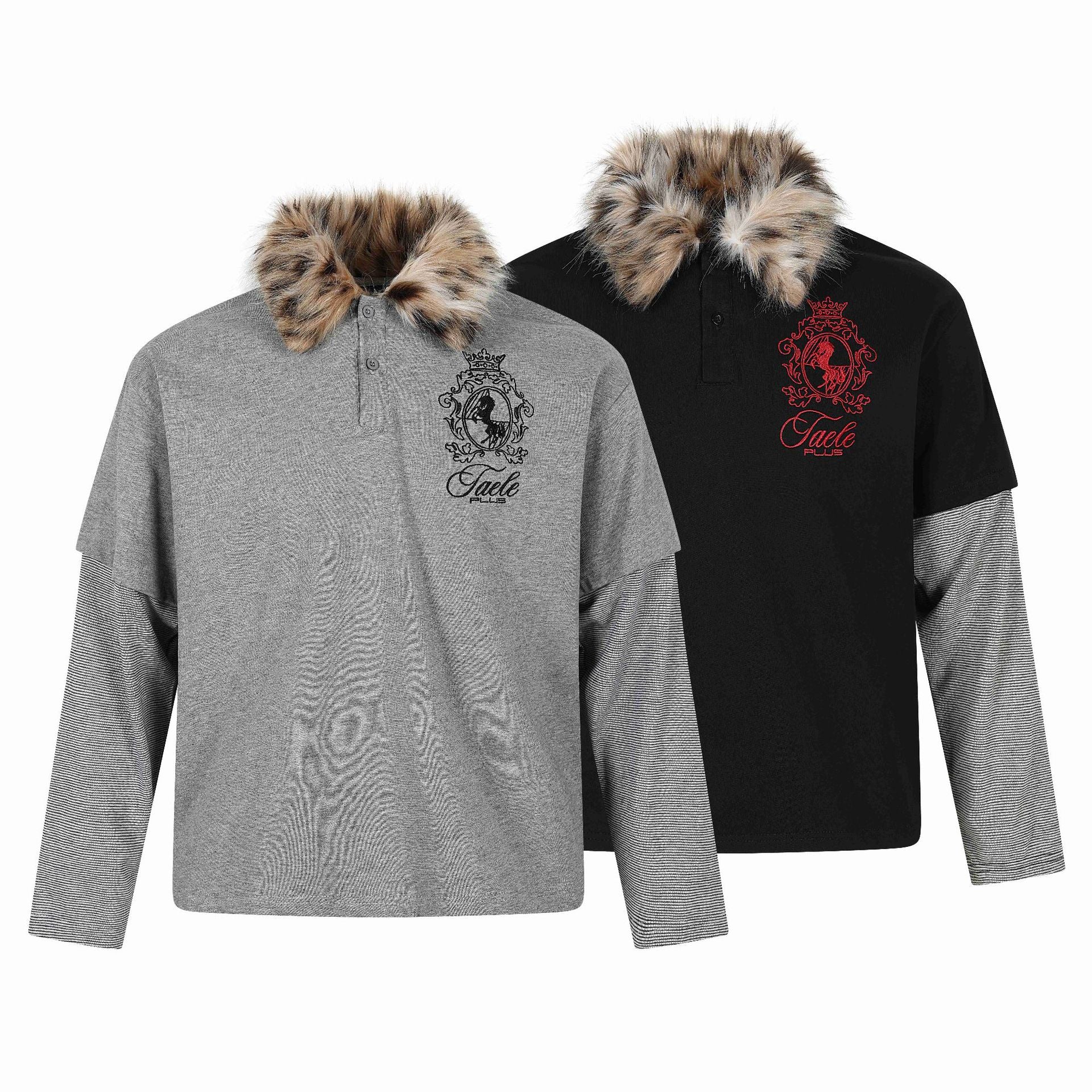 Women Layered-Look Long Sleeve Polo with Faux Fur Collar and Badge Embroidery Chichicherry