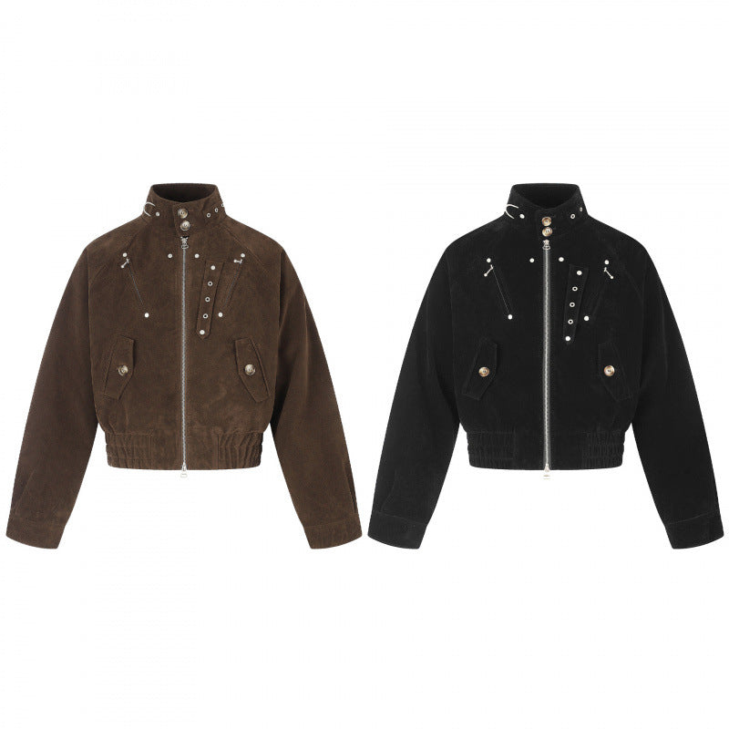 Women's short-cut suede bomber jacket with high stand-up collar, metal appliqués, and elastic waistband Chichicherry