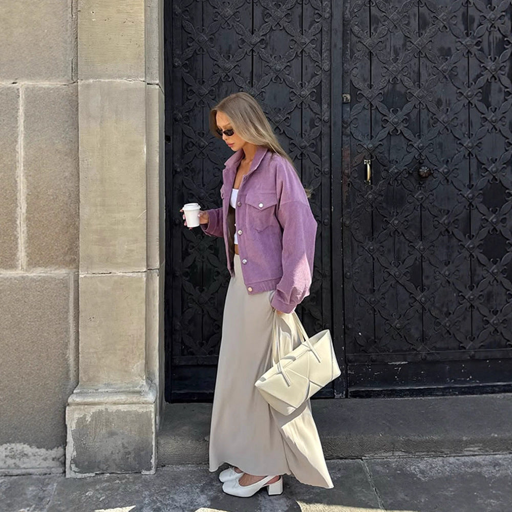 Women’s Oversize Cord Jacket in Cropped Cut with Flap Pockets and Boxy Silhouette Chichicherry