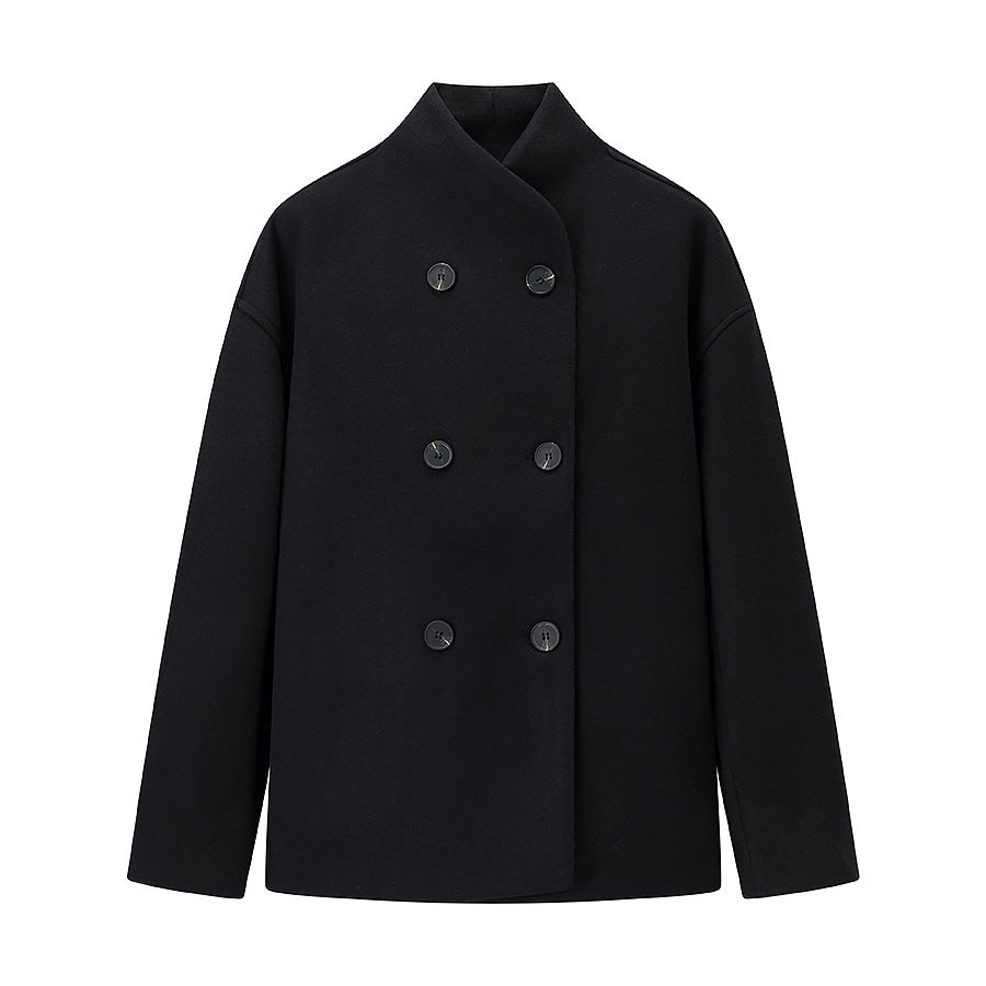 Ladies Short Double-Breasted Wool Coat with Stand-up Collar Chichicherry