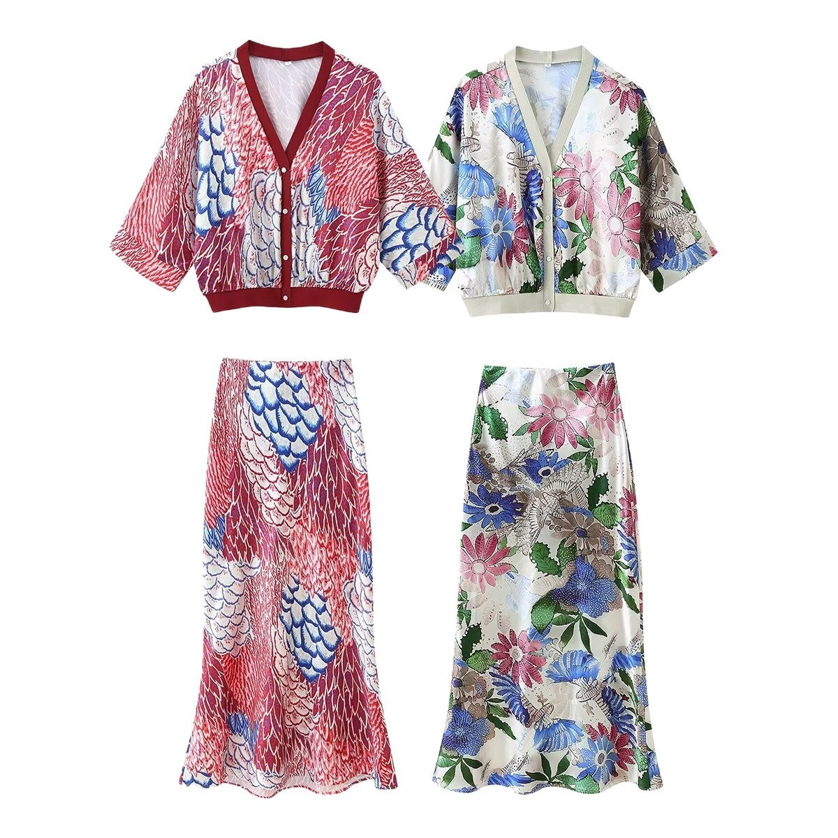 Ladies two-piece satin set with floral printed short jacket and bias-cut midi skirt Chichicherry