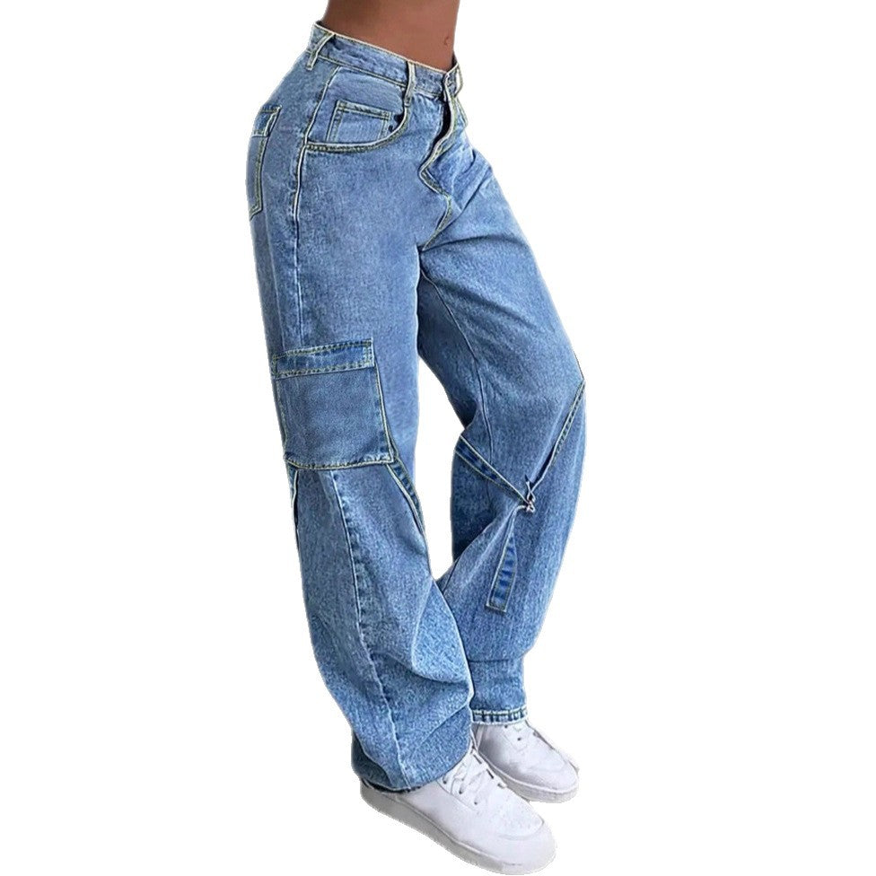 Women's Casual Baggy Cargo Jeans with Adjustable Straps and Flap Pockets Chichicherry