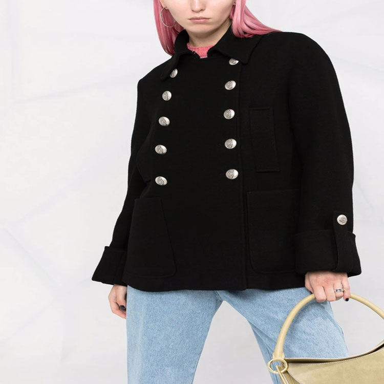 Women's Short Boxy Wool Blend Coat in Military Look with Decorative Round Buttons Chichicherry
