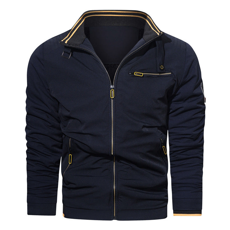 Men's sporty-urban college jacket with stand-up collar, zip front, and utility details Chichicherry