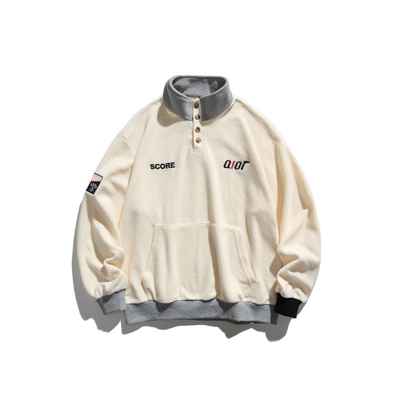 Unisex Fleece Half-Zip Pullover with Stand-Up Collar, Kangaroo Pocket and Contrast Cuffs Chichicherry