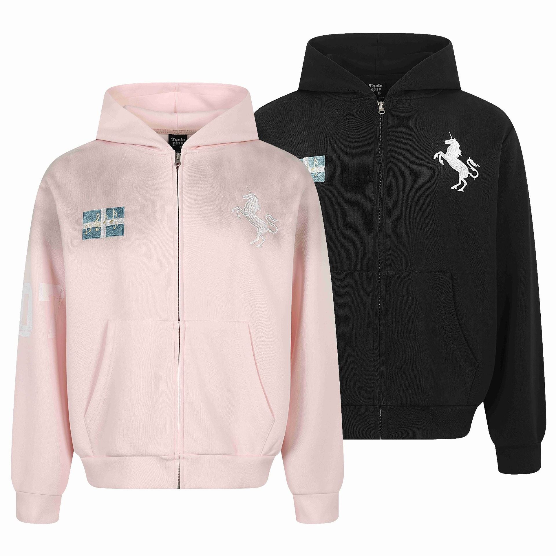 Women's zip hoodie with embroidered unicorn motif and music patch Chichicherry