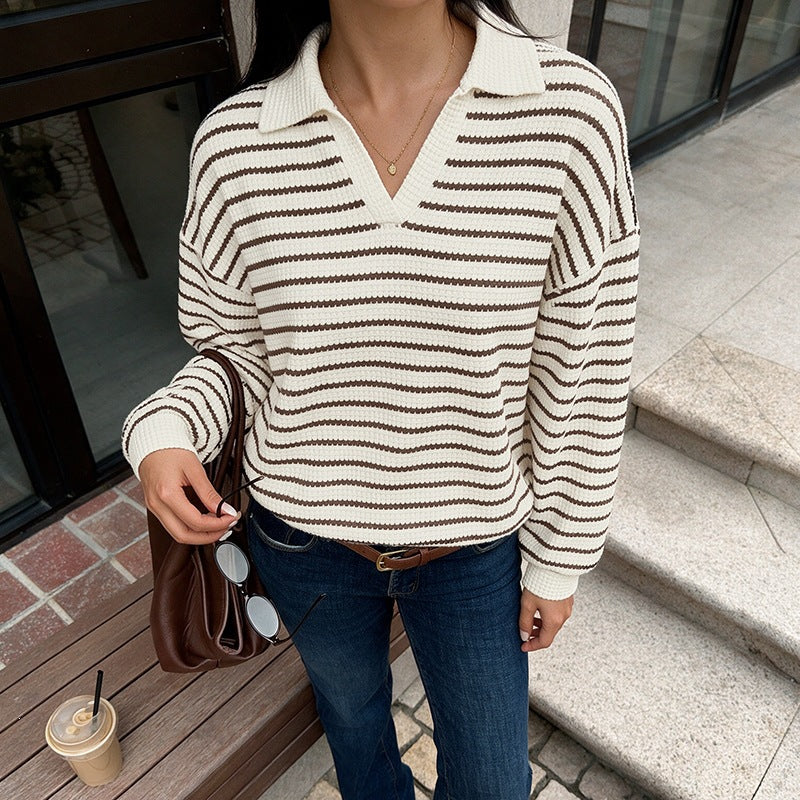 Women's Striped Waffle Knit Sweater with Shirt Collar and V-Neck Chichicherry