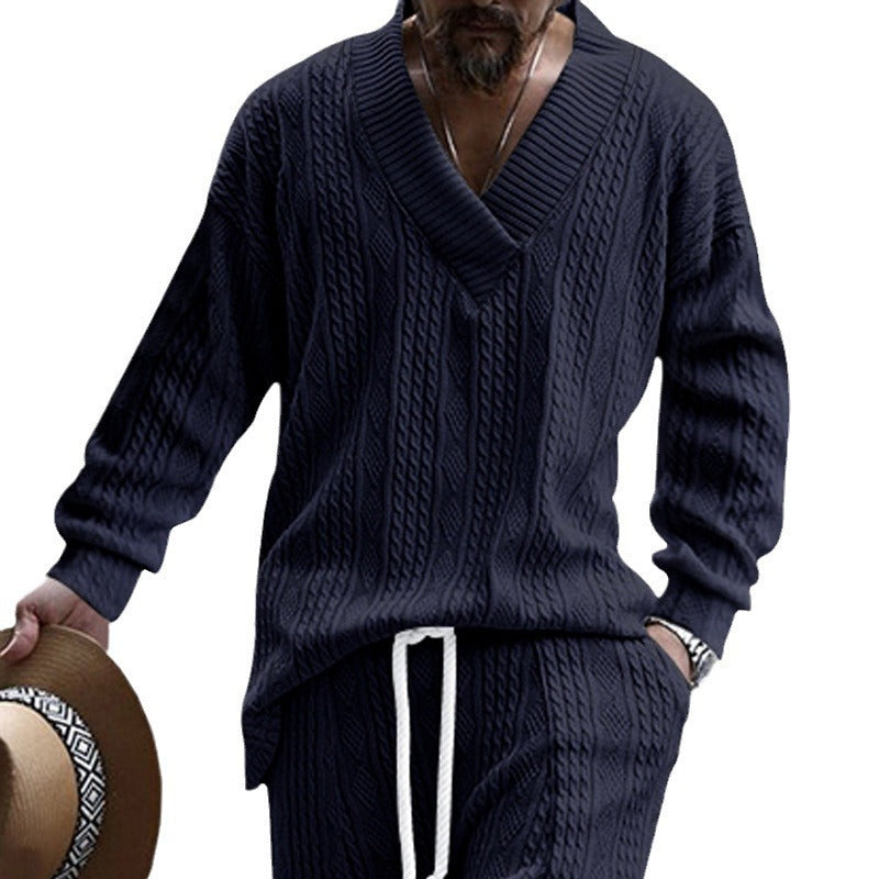 Men's Oversize Cable Knit Sweater with Deep V-Neck Chichicherry