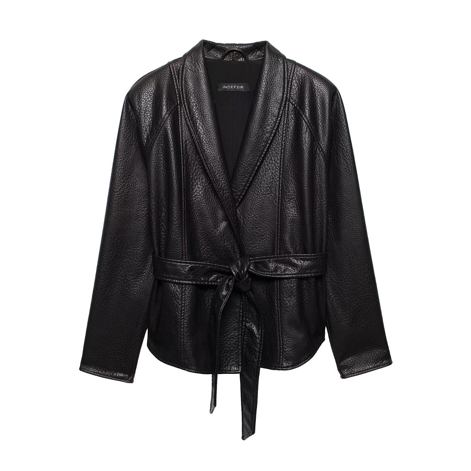Women Short Jacket in Leather Look with Shawl Collar and Waist Tie Belt Chichicherry