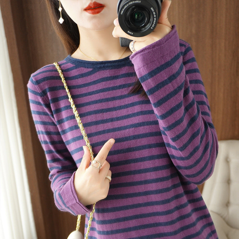 Women’s maritime inspired cotton fine knit pullover with stripes and slightly boxy silhouette Chichicherry