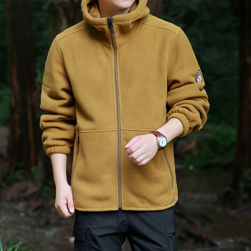 Men's fleece hooded jacket for outdoor with thermal lining, windproof surface and zip pockets Chichicherry