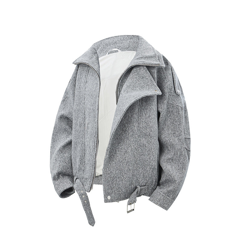 Ladies short cut wool blend biker jacket with asymmetric front and waist belt Chichicherry