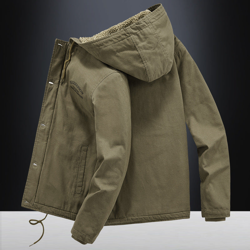 Men's canvas hooded jacket with full teddy lining, two-way zipper and drawstring hem Chichicherry