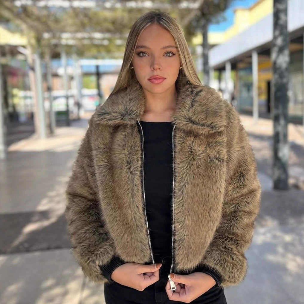 Women's Short Faux-Fur Bomber Jacket with Zip and Ribbed Hem Chichicherry