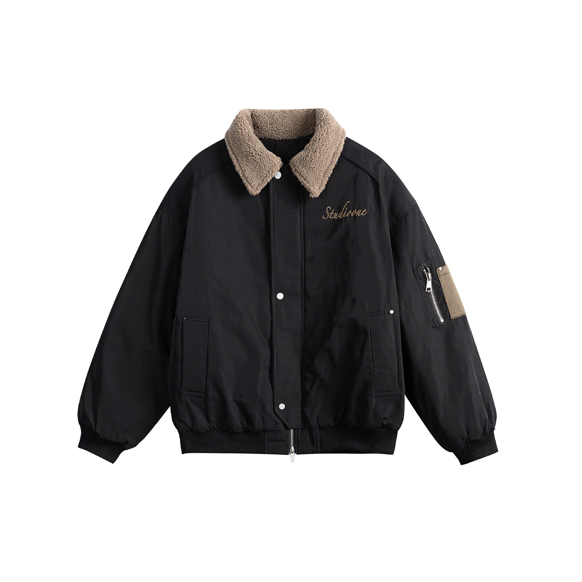Unisex Padded Bomber Jacket with Teddy Collar and Utility Arm Pocket Chichicherry