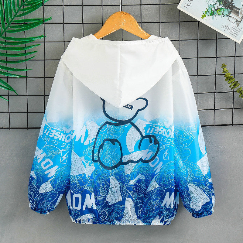 Unisex nan lightweight hoodie jacket with comic bear print, windbreaker fabric, and elastic hem Chichicherry