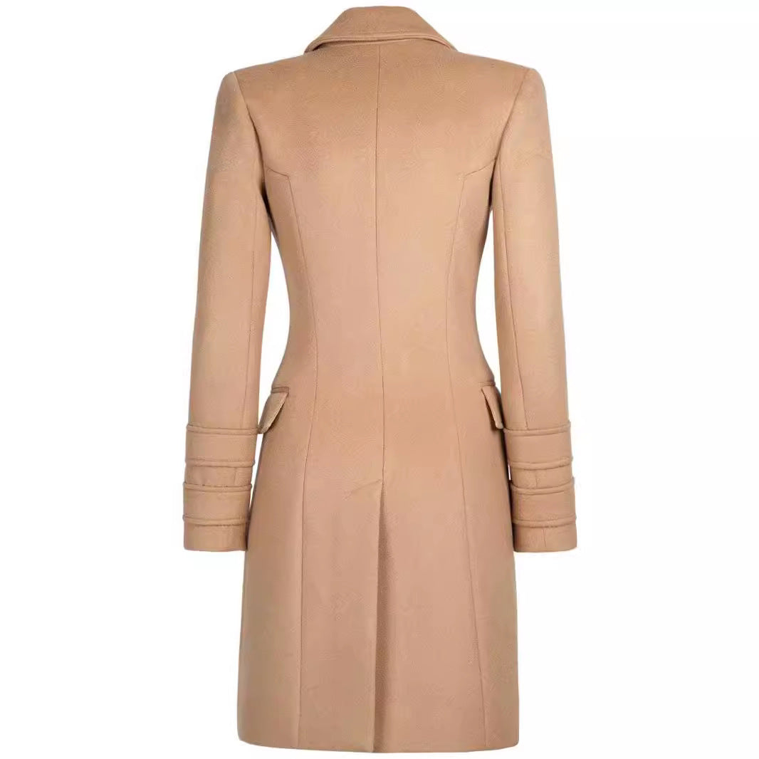Women’s short coat in blazer dress style with structured waistline and golden decorative buttons Chichicherry