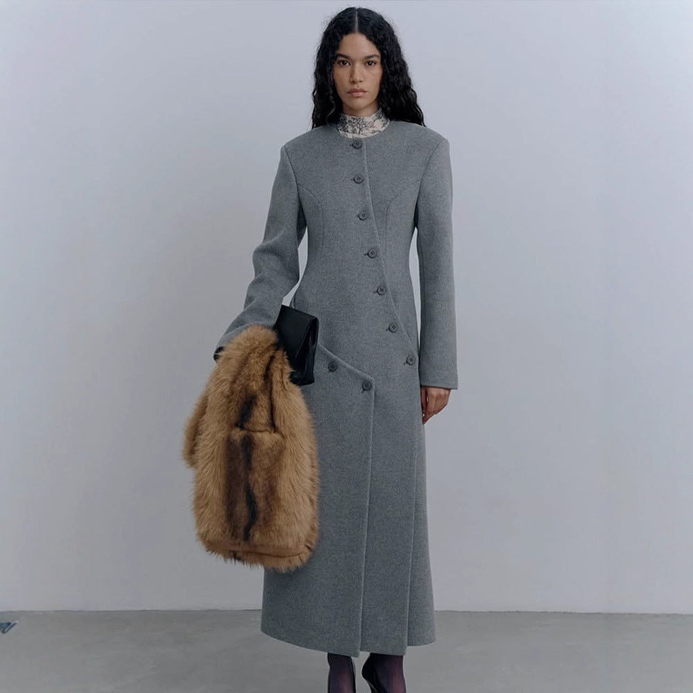Women Long tailored wool mix coat with round neckline and asymmetric button placket Chichicherry