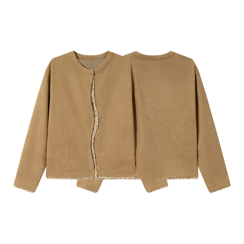 Women's short-cut suede-look blouson jacket with round neck, concealed button placket, and floral inner lining Chichicherry
